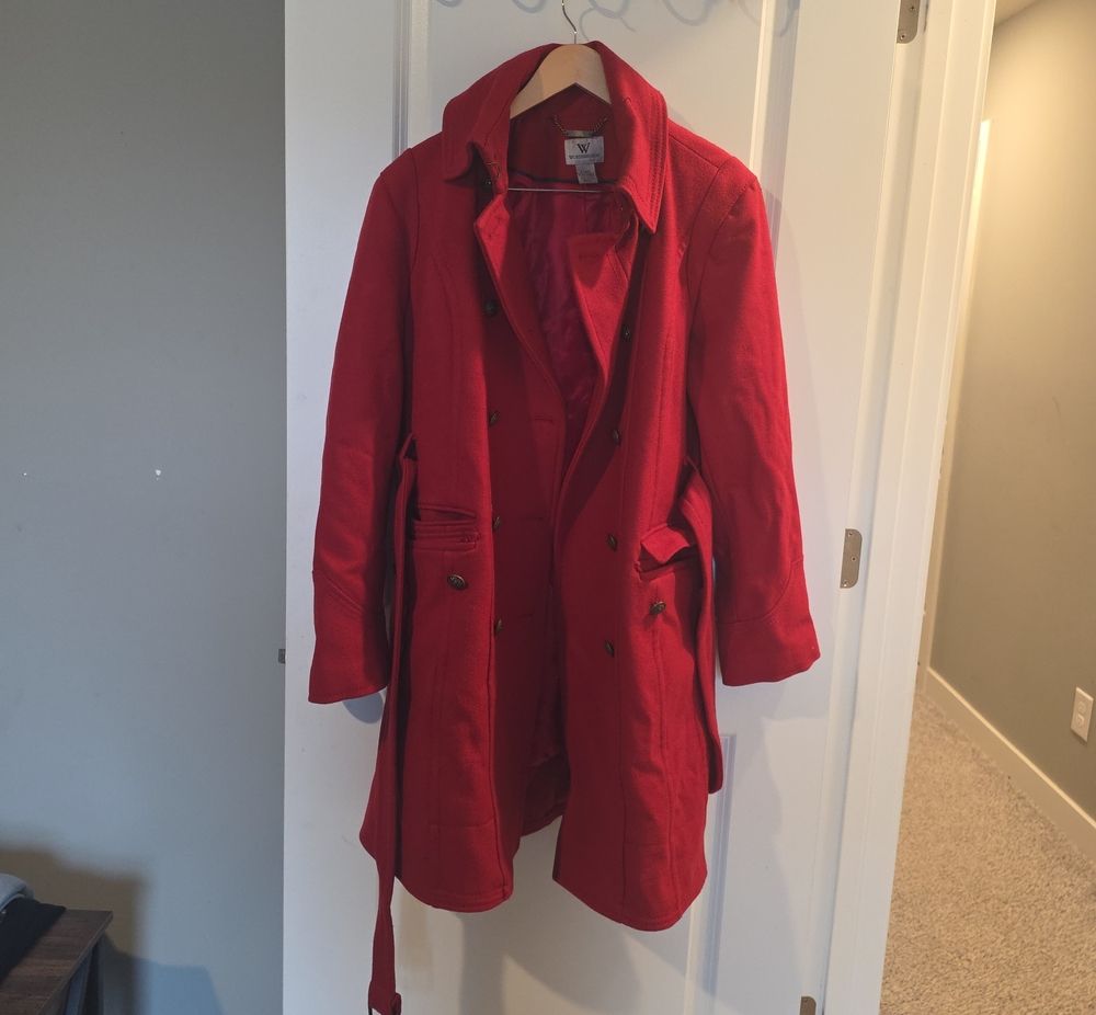 Worthington Red Double-Breasted Trench Coat with Waist Tie